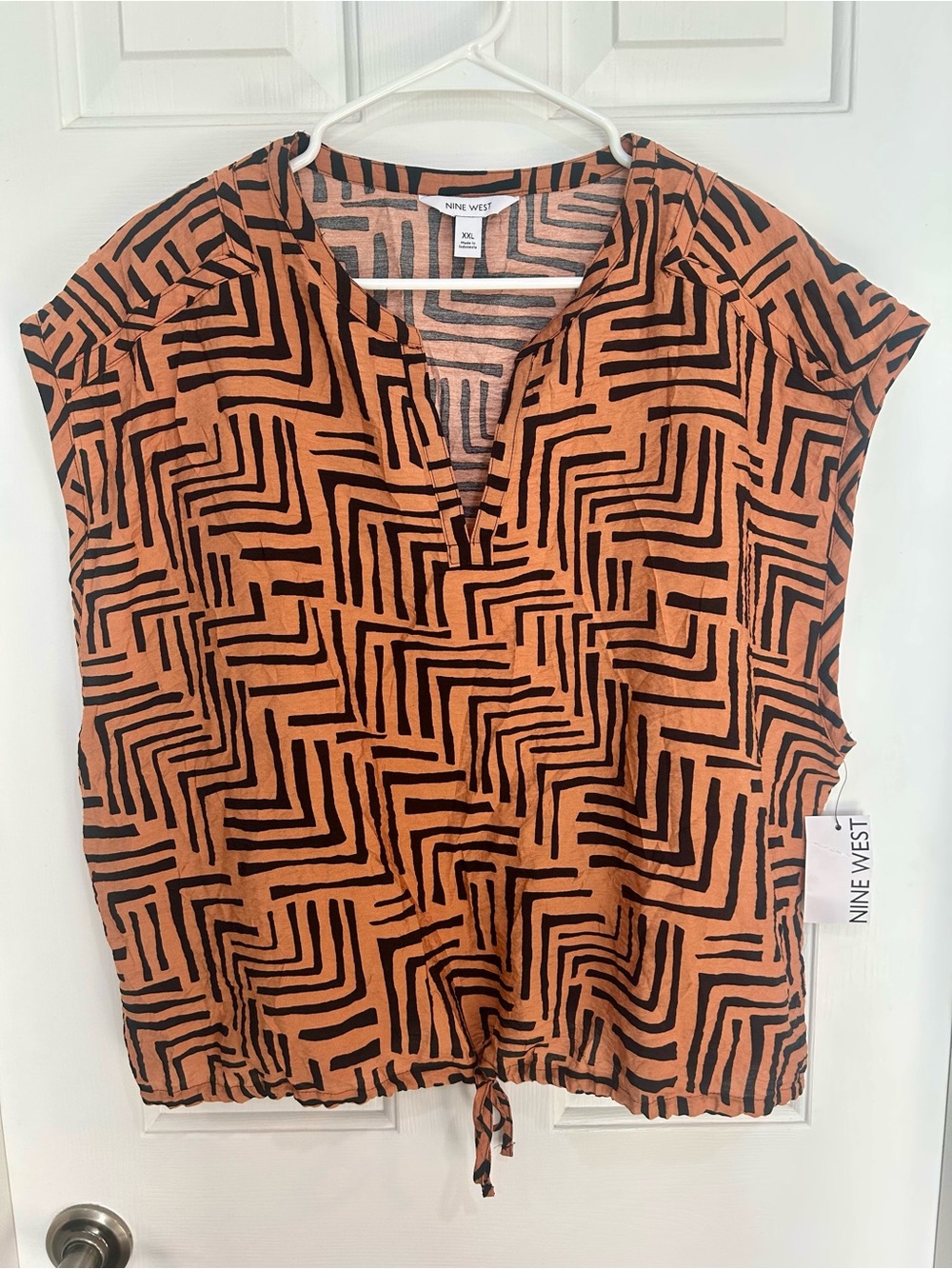Nine West Rust and Black Geometric Drawstring Top